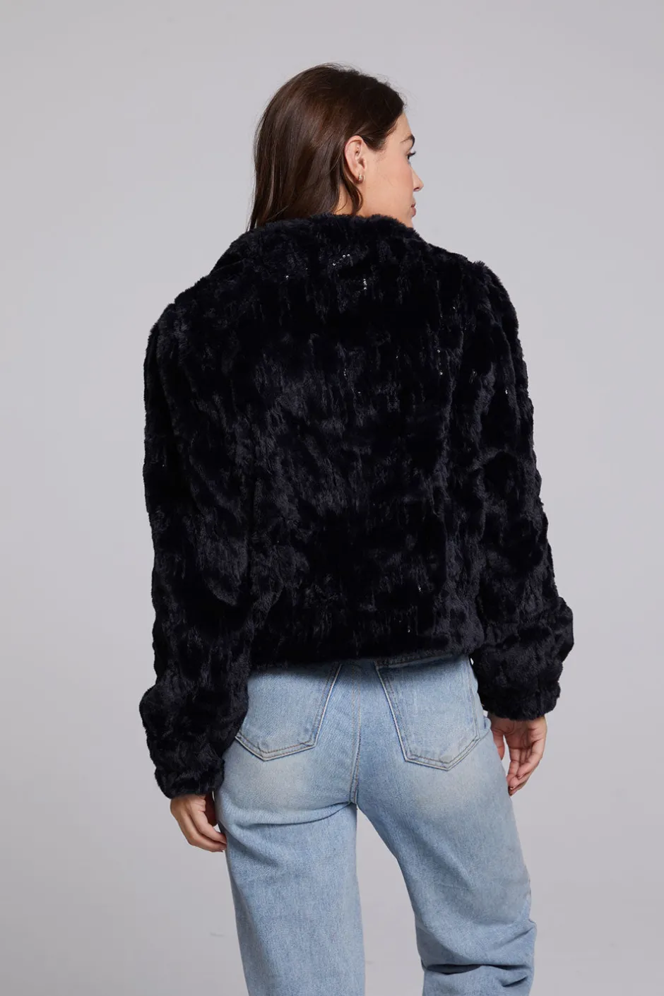 Women Chaser Brand Sequin Faux Fur Puff Sleeve Jacket