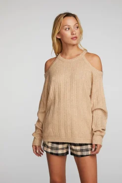 Women Chaser Brand Sequin Knit Cold Shoulder Sweater