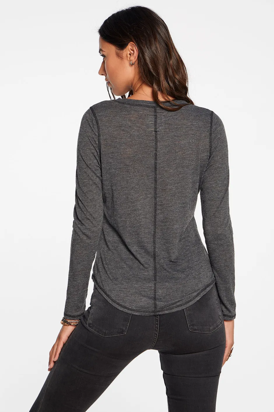 Women Chaser Brand Slub Jersey Long Sleeve Seamed Tee In True Black