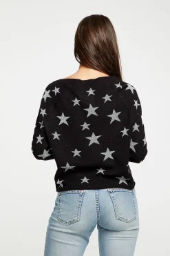 Women Chaser Brand Star Intarsia V-Neck Raglan Pullover