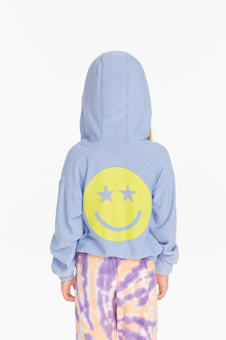 Kids Chaser Brand Star Smiley Semi Cropped Shirred Hoodie Pullover