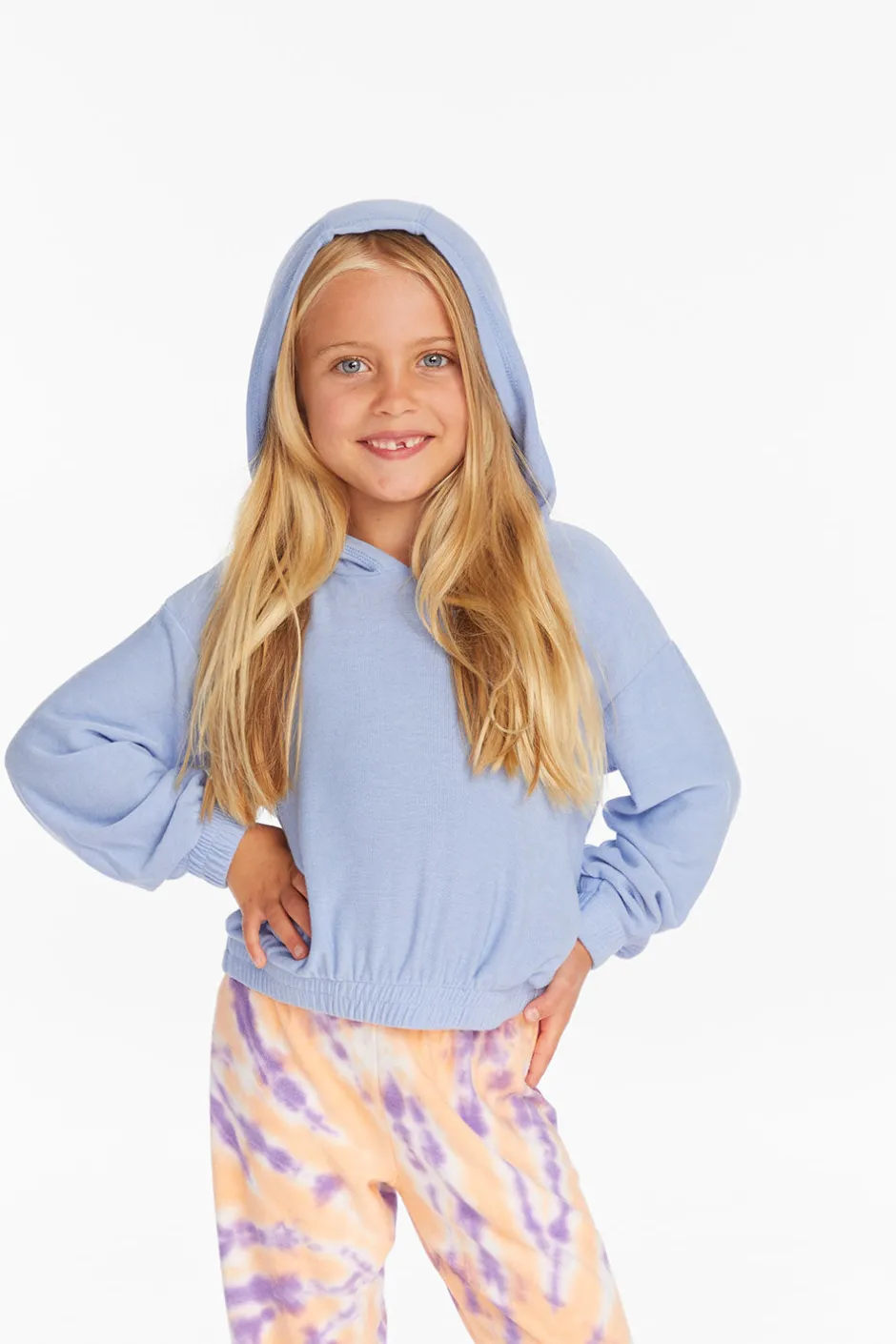 Kids Chaser Brand Star Smiley Semi Cropped Shirred Hoodie Pullover