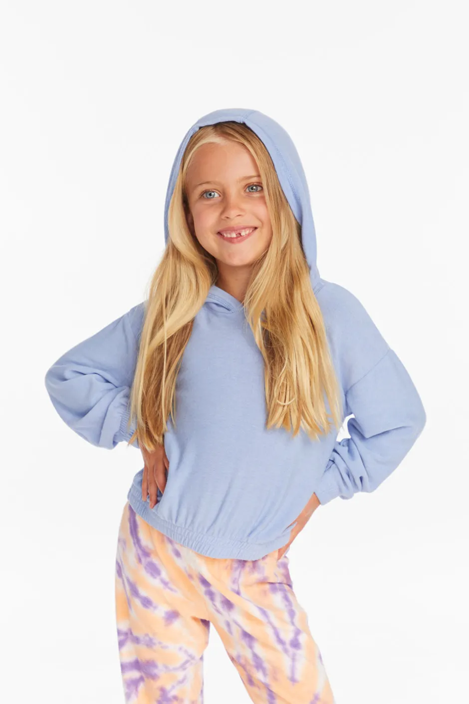 Kids Chaser Brand Star Smiley Semi Cropped Shirred Hoodie Pullover