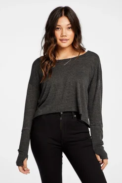 Women Chaser Brand Triblend Jersey Cropped Open Neck Long Sleeve Thumbhole Tee