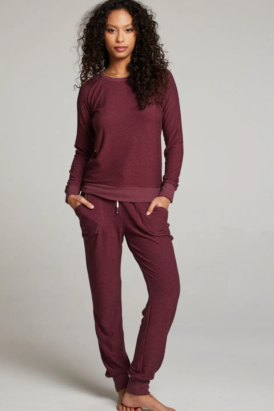 Women Chaser Brand Wine Red Long Sleeve Raglan Pullover