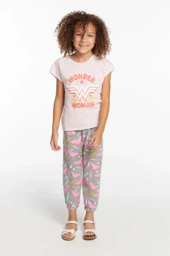Kids Chaser Brand Wonder Woman All Over Logo Girls Cozy Knit Sweatpant