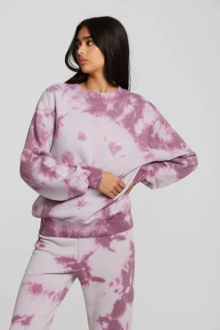 Women Chaser Brand Zuma Cotton Terry Crewneck Pullover With Distressed Detail Long Sleeve