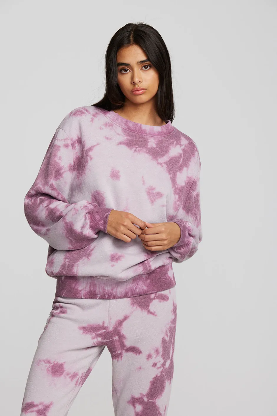 Women Chaser Brand Zuma Cotton Terry Crewneck Pullover With Distressed Detail Long Sleeve